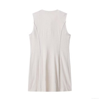 Women's Sleeveless Linen Cotton Blend Mini Dress Elegant Contrast Stitching Round Neck Front Button Summer Vacation Party Casual Dress