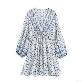 Bohemian Geometric Print Mini Dress With Gold Lurex V-Neck Tassel Tie Long Lantern Sleeve A-Line Short Dress For Women Summer Vacation Beach Party Elegant Dress