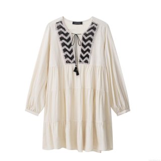 Women's Bohemian Embroidered Mini Dress V-Neck Cotton Linen Blend Long Sleeve Tiered Cake Skirt With Tassel Ties Summer Beach Vacation Daily Fashion