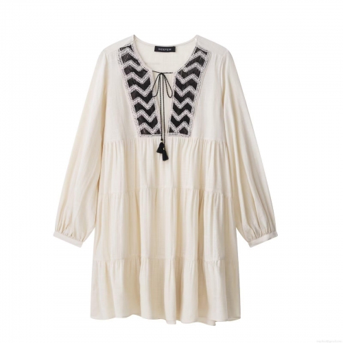 Women's Bohemian Embroidered Mini Dress V-Neck Cotton Linen Blend Long Sleeve Tiered Cake Skirt With Tassel Ties Summer Beach Vacation Daily Fashion