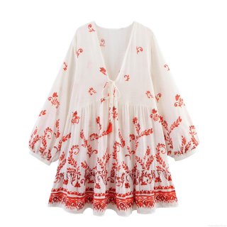 Women's Bohemian Floral Print Mini Dress V-Neck Long Sleeve Lantern Sleeve Tassel Tie Waist Short A-Line Dress For Vacation Beach Party Ethnic Style