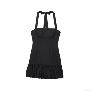 Elegant Black Halter Neck Mini Dress for Women Sweet Bow Tie Cotton Linen Blend Puffy Ruffle Hem A-Line Party Evening Cocktail Dress