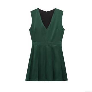 Women's Sleeveless V-Neck Pleated Mini Dress Elegant Crepe Fabric Dark Green Pullover Party Dress for Summer Women Lady