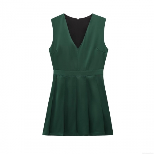 Women's Sleeveless V-Neck Pleated Mini Dress Elegant Crepe Fabric Dark Green Pullover Party Dress for Summer Women Lady