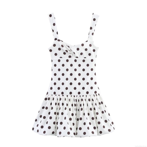 Women's Polka Dot Mini Dress Polyester V-Neck Sleeveless Puffy Hem Camisole Dress For Party Elegant Summer Sundress