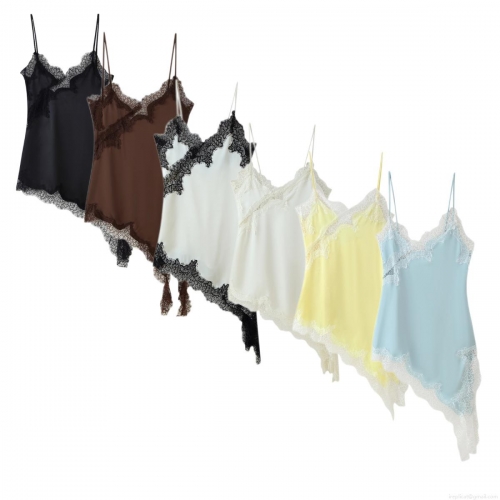 Women Sexy Lace Patchwork Satin Camisole Dress Asymmetric Hem V Neck Sleeveless Backless Mini Slip Dress For Summer Party Clubwear