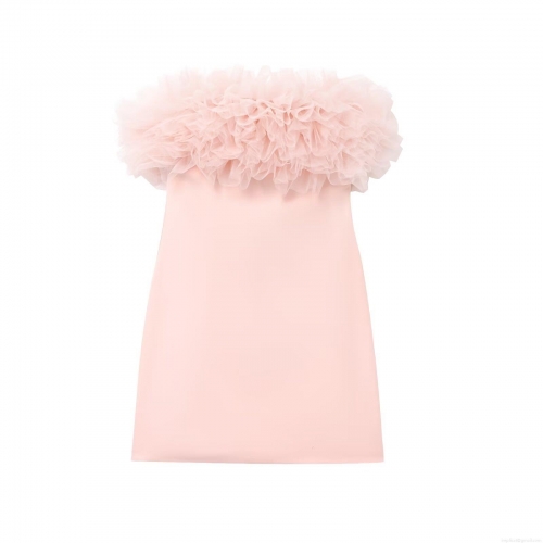 Women Strapless Mesh Tulle Mini Dress Sweet Ruffle Layered Pink Tube Top Party Dress Elegant Sleeveless Short Ball Gown Prom Dress for Women