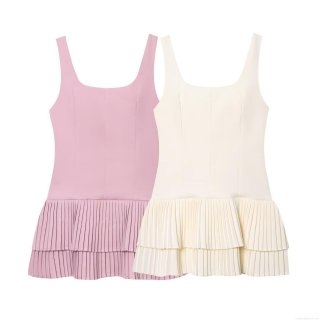 Elegant Women's Sleeveless Mini Dress Double Layer Pleated Hem Square Neck Solid Color Polyester Dress For Party Date Night Summer