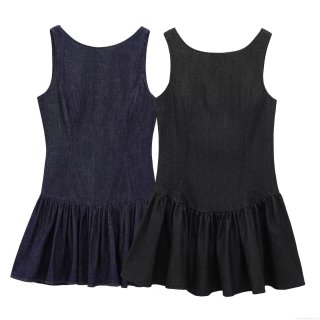 Women Sexy Backless Denim Effect Sleeveless Mini Dress Round Neck Hollow Out Tiered Ruffle Hem Back Zipper Slim Fit Summer Party Clubwear Dress