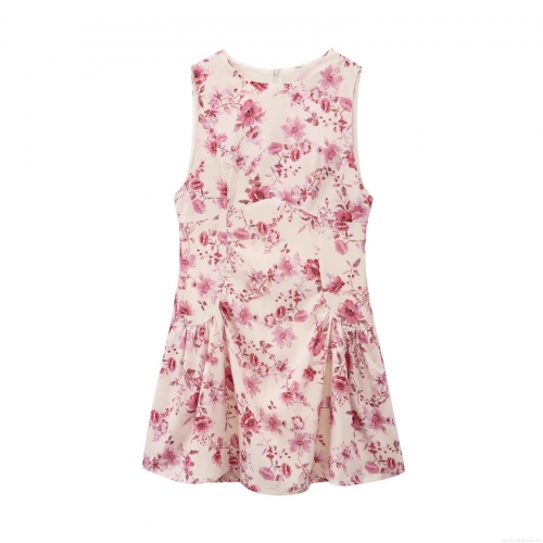 Elegant Women's Sleeveless Floral Print Mini Dress Round Neck Blended Polyester A-Line Sundress With Back Zipper For Summer Party Vacation Lady