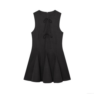 Women's Sleeveless Polyester Mini Dress Featuring Elegant Bow Ties And Pleated Wave Hem Round Neck A-Line Silhouette For Party Date Night Fashion