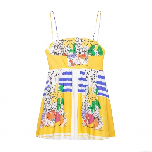 Women's Summer Mediterranean Style Fruit Print Mini Dress 100% Polyester Sleeveless Camisole Dress With Adjustable Straps For Vacation Party