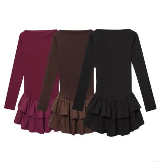 Women Elegant Tiered Ruffle Dress Long Sleeve Boat Neck Solid Color Mini Dress Polyester Blend Slim Fit Socialite Party Clubwear Short Dress