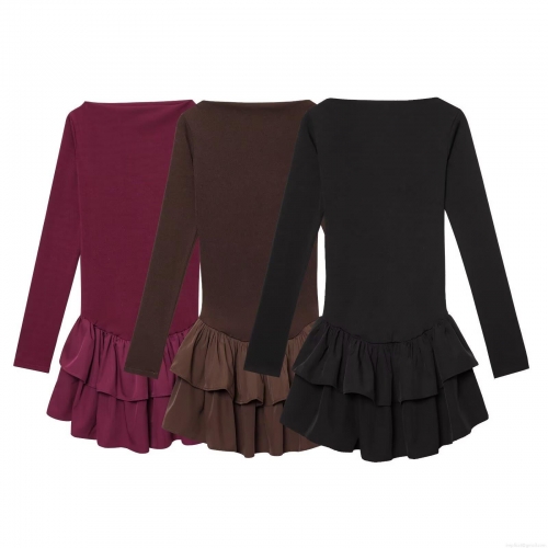 Women Elegant Tiered Ruffle Dress Long Sleeve Boat Neck Solid Color Mini Dress Polyester Blend Slim Fit Socialite Party Clubwear Short Dress