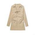 Women's Khaki Long Sleeve Utility Shirt Dress With Drawstring Pleated Detail Flap Pockets Lapel Collar Mini Dress Elegant Casual Workwear Style Fashion Clothing For Women