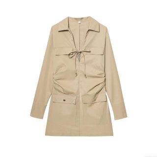 Women's Khaki Long Sleeve Utility Shirt Dress With Drawstring Pleated Detail Flap Pockets Lapel Collar Mini Dress Elegant Casual Workwear Style Fashion Clothing For Women
