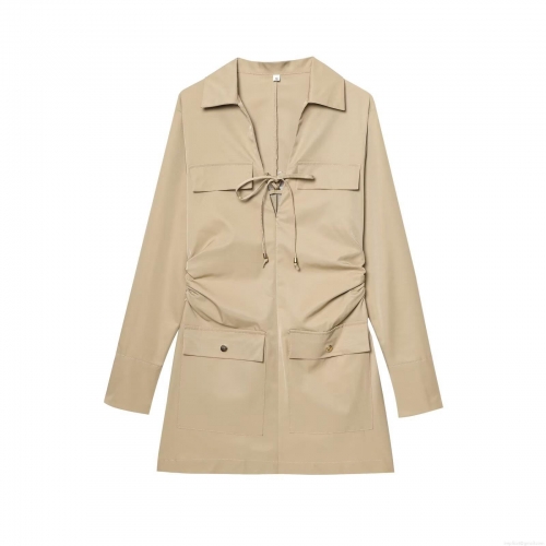 Women's Khaki Long Sleeve Utility Shirt Dress With Drawstring Pleated Detail Flap Pockets Lapel Collar Mini Dress Elegant Casual Workwear Style Fashion Clothing For Women