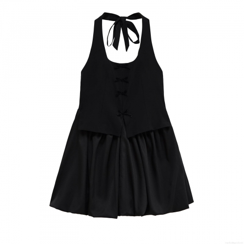 Women Sexy Halter Neck Mini Dress Elegant Black Bowknot Sleeveless Backless Ruffle Puff A-Line Party Club Evening Cocktail Dress