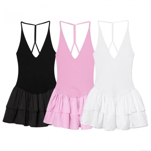 Women Sexy Backless Spaghetti Strap Mini Dress Polyester V Neck Tiered Ruffle Layered Cake Skirt For Party Vacation Elegant Summer Dress