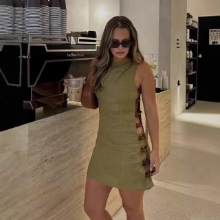 Women Sexy Cut-Out Beaded Mini Dress Cotton Linen Feel Sleeveless Hollow Out Summer Vacation Bodycon Short Dress Elegant Party Clubwear