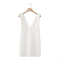 Women Elegant White V-Neck Sleeveless Bow Mini Dress With Back Zipper Solid Color Polyester Short Dress For Party Dating Ladies Clothing
