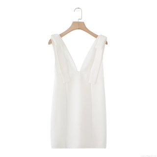 Women Elegant White V-Neck Sleeveless Bow Mini Dress With Back Zipper Solid Color Polyester Short Dress For Party Dating Ladies Clothing