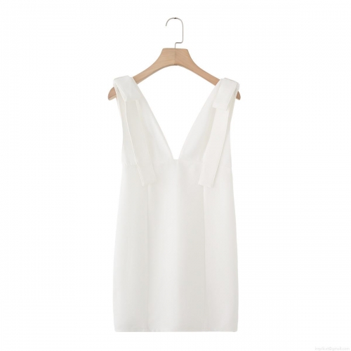 Women Elegant White V-Neck Sleeveless Bow Mini Dress With Back Zipper Solid Color Polyester Short Dress For Party Dating Ladies Clothing