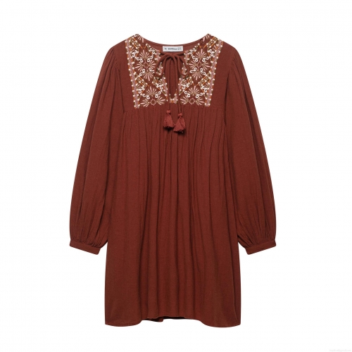 Women's Bohemian Rust Red Long Sleeve Mini Dress Polyester Embroidery Floral Tassel Lacing V-Neck Loose Casual Retro Literary Style Spring Autumn