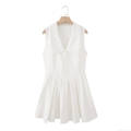 Women's White Sleeveless Mini Dress Elegant Wide Pleat Collar Accordion Pleated Skirt Casual Cotton Elastic Twill Short Dress for Party Summer Fashion