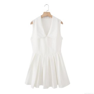 Women's White Sleeveless Mini Dress Elegant Wide Pleat Collar Accordion Pleated Skirt Casual Cotton Elastic Twill Short Dress for Party Summer Fashion