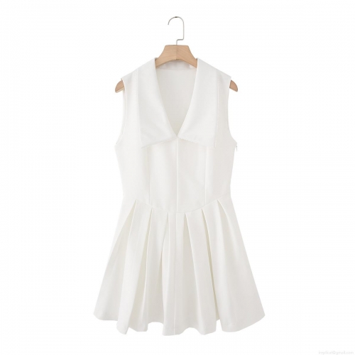 Women's White Sleeveless Mini Dress Elegant Wide Pleat Collar Accordion Pleated Skirt Casual Cotton Elastic Twill Short Dress for Party Summer Fashion