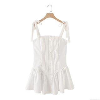 Women 100% Cotton Mini Sling Dress With Bow Tie Straps White Pleated Ruffle Lace Trim Single Breasted Summer Beach Vacation Dress