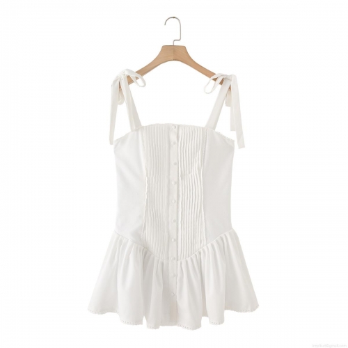 Women 100% Cotton Mini Sling Dress With Bow Tie Straps White Pleated Ruffle Lace Trim Single Breasted Summer Beach Vacation Dress