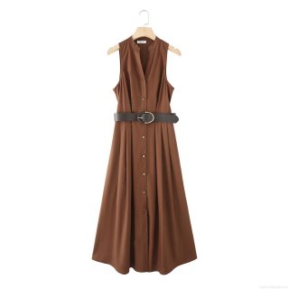 Women's Elegant 100% Cotton V Neck Sleeveless Midi Dress With Belt Office Commute Minimalist Solid Color Single Breasted Long Dress For Women