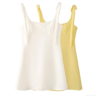 Elegant Bow Tie Shoulder Polyester Mini Dress Gingham Solid A-Line Square Neck Sleeveless Summer Sundress for Women Party Date Night Wear