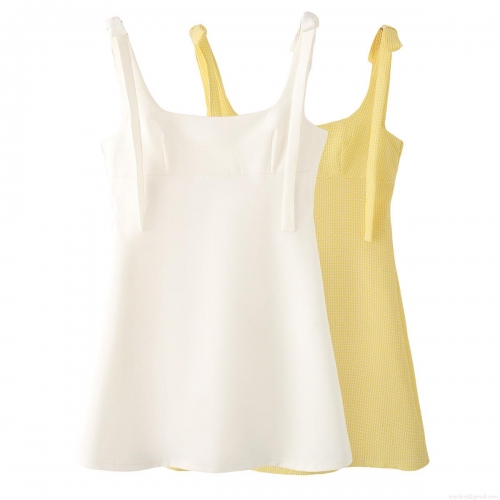 Elegant Bow Tie Shoulder Polyester Mini Dress Gingham Solid A-Line Square Neck Sleeveless Summer Sundress for Women Party Date Night Wear