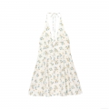 Women Halter V Neck Backless Floral Print Mini Dress Summer Polyester Button Front A-Line Sundress For Vacation Party