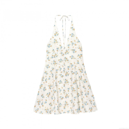 Women Halter V Neck Backless Floral Print Mini Dress Summer Polyester Button Front A-Line Sundress For Vacation Party