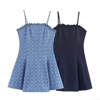 Women's Denim Cami Mini Dress Adjustable Strap Ruffle Trim Floral Solid A-Line Sundress For Summer Casual Party Elegant Ladies Dress
