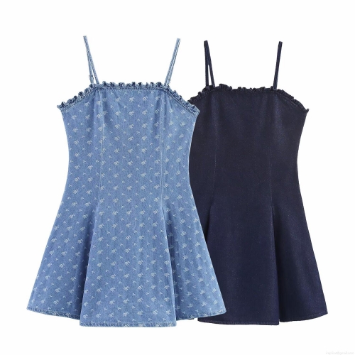 Women's Denim Cami Mini Dress Adjustable Strap Ruffle Trim Floral Solid A-Line Sundress For Summer Casual Party Elegant Ladies Dress
