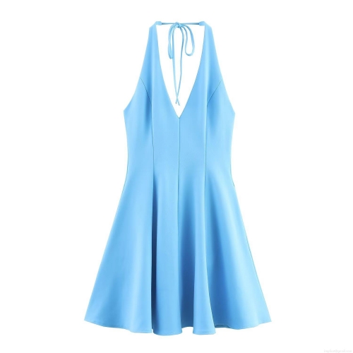 Women's Sexy Halter Deep V Neck Backless Mini Dress Polyester Solid Color Pleated Wavy Hem Sleeveless Elegant Party Cocktail Dress