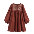 Women's Bohemian Embroidered Mini Dress Cotton Blend Lantern Sleeve Tassel V-Neck Ethnic Style Casual Vacation Short Dress Rust Red