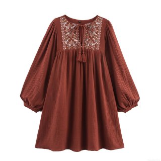 Women's Bohemian Embroidered Mini Dress Cotton Blend Lantern Sleeve Tassel V-Neck Ethnic Style Casual Vacation Short Dress Rust Red