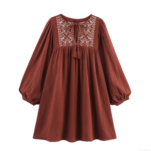 Women's Bohemian Embroidered Mini Dress Cotton Blend Lantern Sleeve Tassel V-Neck Ethnic Style Casual Vacation Short Dress Rust Red