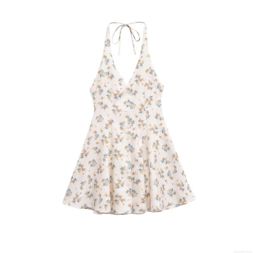 Women's Halter Neck Floral Mini Dress V-Neck Single Breasted A-Line Summer Vacation Chiffon Style Polyester Dress for Women