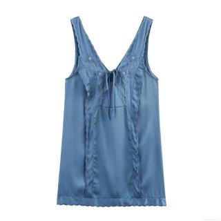 Women's Sexy V-Neck Satin Slip Mini Dress Floral Embroidery Sleeveless Ruffle Hem Party Clubwear Nightwear Elegant Cocktail Dress