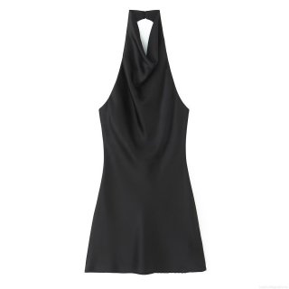 Women's Elegant Black Satin Halter Neck Mini Dress Backless Sleeveless V-Neck Drape Party Evening Dress Solid Color Slim Fit Bodycon Summer Dress