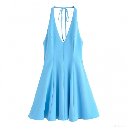 Women's Sexy Halter Backless V-Neck Mini Dress Solid Color Big Swing A-Line Elegant Cocktail Party Vacation Sun Dress Polyester Sleeveless Clubwear
