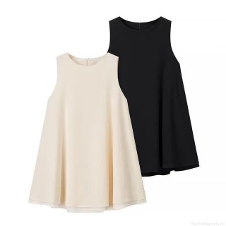 Women's Sleeveless A-Line Mini Dress Elegant Polyester Double Layered Hem Crew Neck Back Zipper Loose Party Dress For Ladies