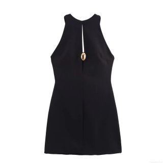Women's Sleeveless Halter Mini Dress With Gold Metal Buckle Sexy Bodycon Cut Out Polyester Elegant Slim Fit Party Banquet Evening Short Dress